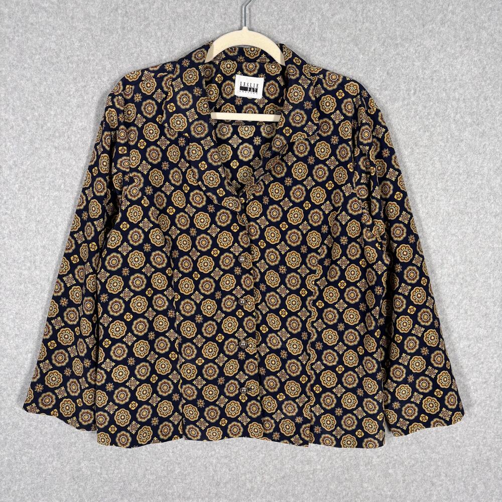 VTG‎ Leslie Fay Blouse 18 Navy Brown Medallion Tailored Maximalist Retro 80s 90s